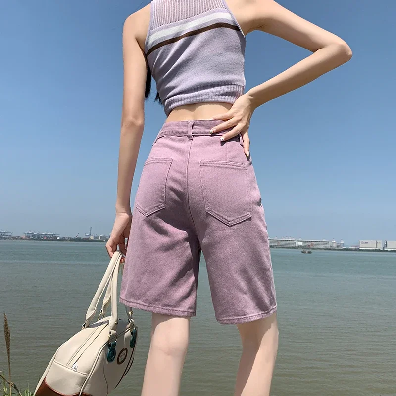 ZEONVA Purple Pink Korea Fashion Chic Straight Loose Women Jeans Shorts Summer High Waist Pockets Female Wide Leg Denim Shorts