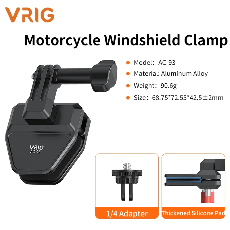 VRIG AC-93: stabiele motorwindschermclip voor Insta360 X5, DJI Action 5 Pro, GoPro en DJI Pocket 3. Accessoires voor het bevestigen van actiecamera's.
