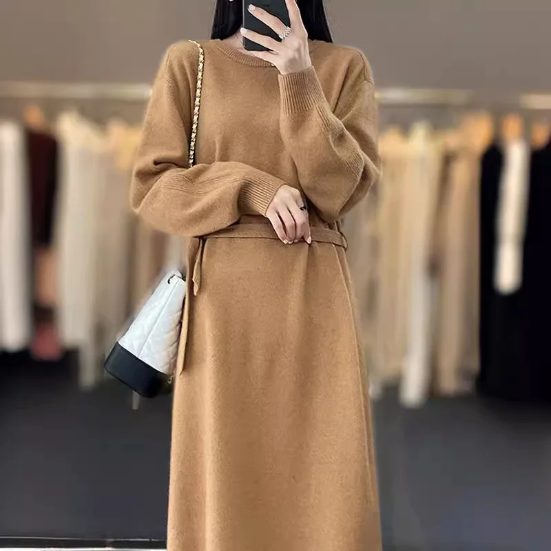 

Women Dress O-neck Sweater Pullovers 100% Pure Wool Knitwear Lace-up Soft Loose Casual Cashmere Autumn Winter Skirts Clothing