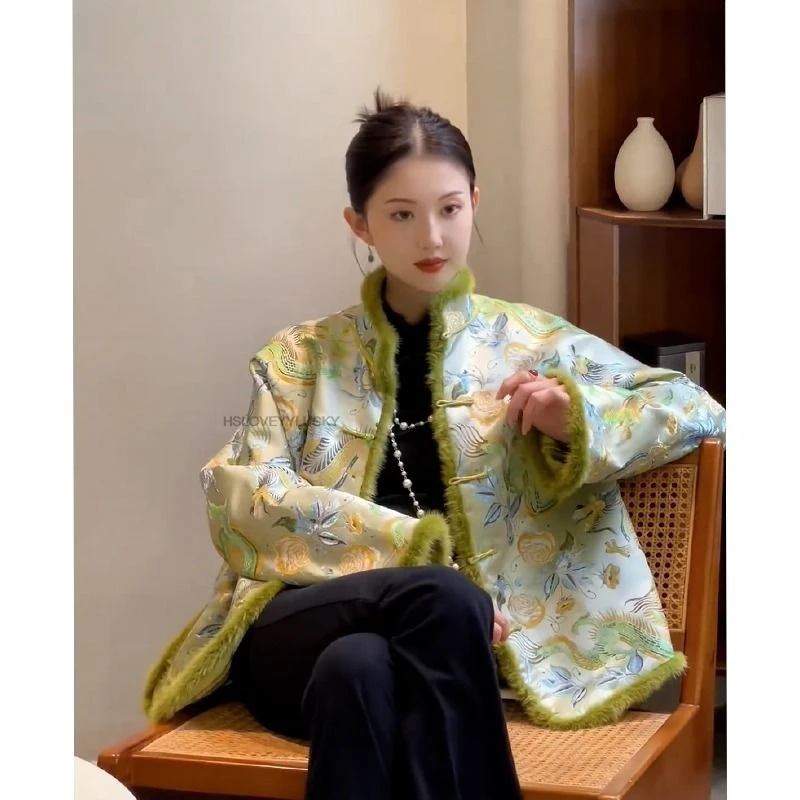 New Chinese Style Winter Green Thicken Cotton Elegant Vintage Jacquard Temperament Women Coat Trendy Warm Tangsuits Coat