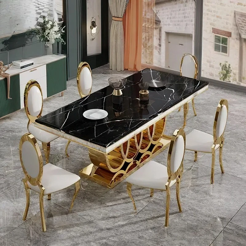 Stainless marble rectangular dining table large apartment shop gold dining table metal frame living room dining table and chairs