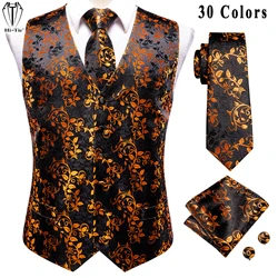 Hi-tie-Chaleco de seda para hombre, chaqueta de cintura sin mangas, Jacquard, negro, naranja, Floral, conjunto de gemelos, pañuelo, informal, XXL