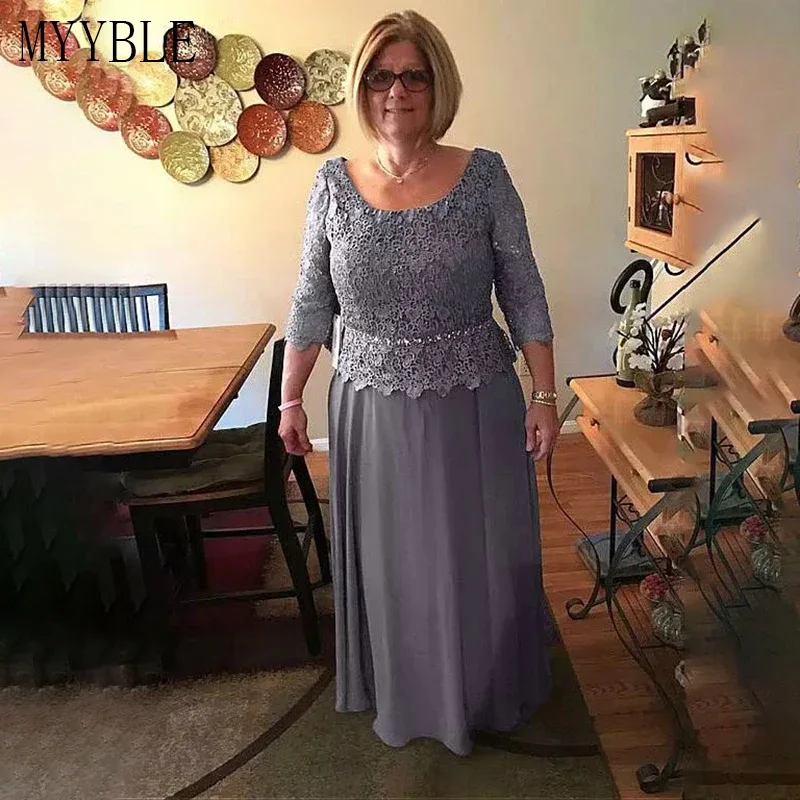 

Plus Size O Neck Lace Chiffon Three Quarter Floor Length Custom Made Mother of the Bridal Dresses Elegant Robe De Mariee 2022