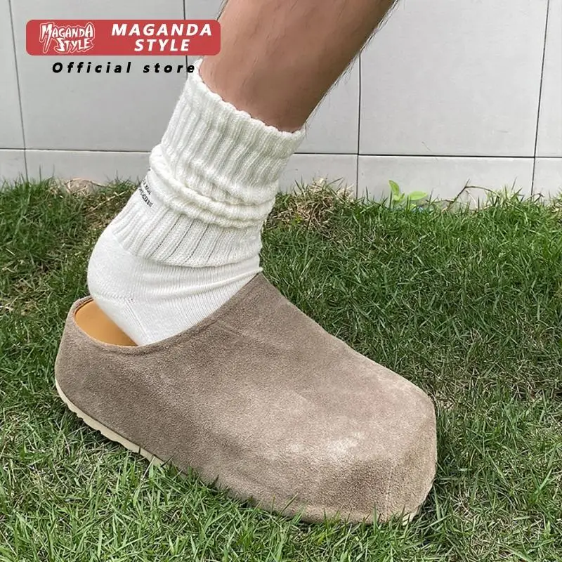 Cow suede leather toe cap slippers for men with a height increase of 5CM slip in boken shoes for casual wear Muller shoes