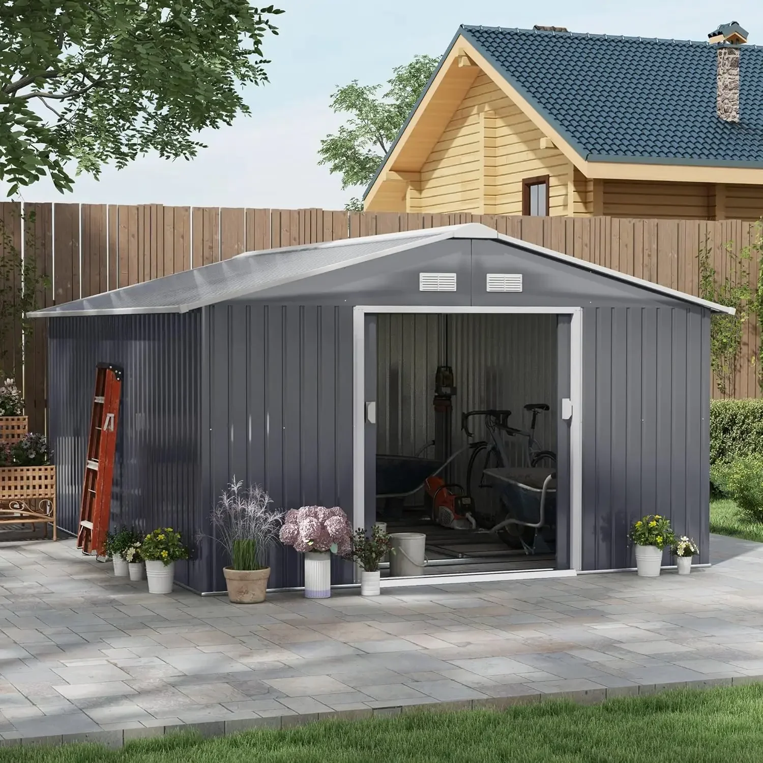 Outsunny 11' x 13' Outdoor Storage Shed, Garden Tool House with Foundation Kit, 4 Vents and 2 Easy Sliding Doors for Backyard