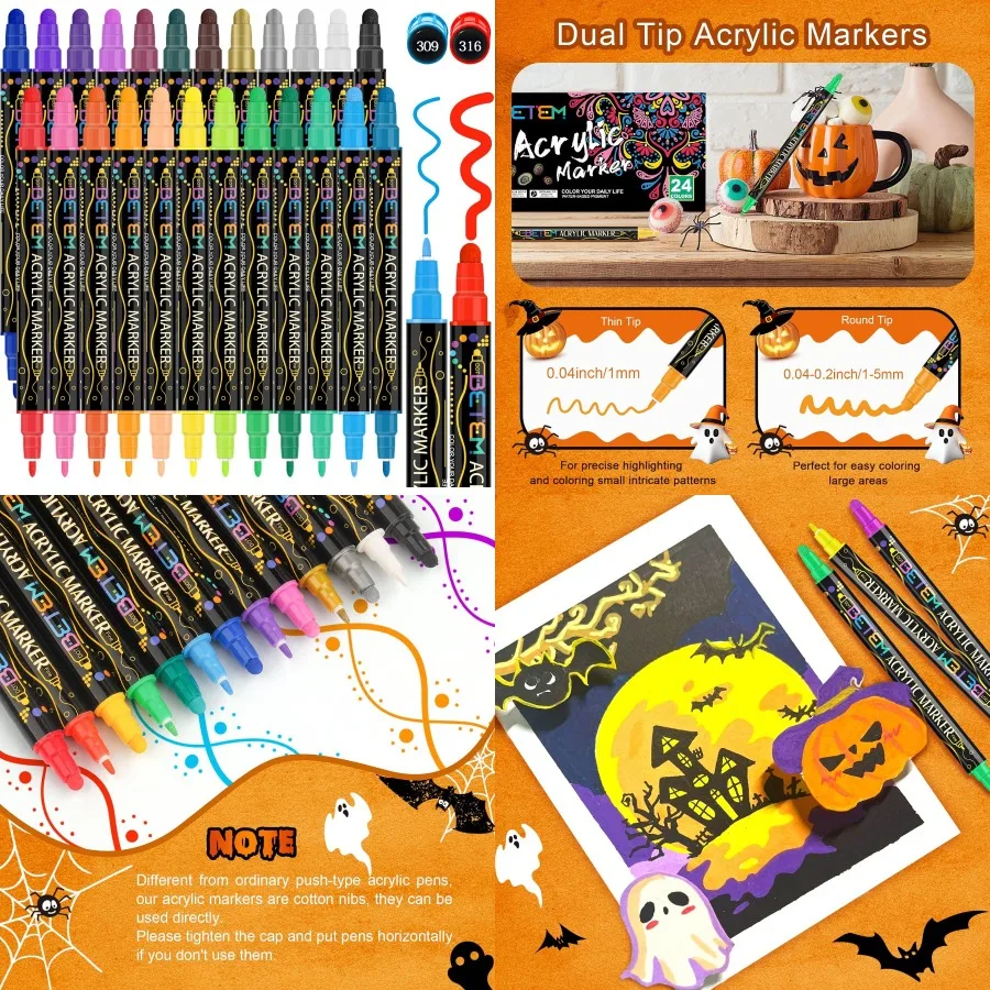 

Betem 24 Colors Dual Tip Acrylic Paint Pens Markers for Halloween Decorations Wood Canvas Stone Rock Painting Glass Ceramic Sur