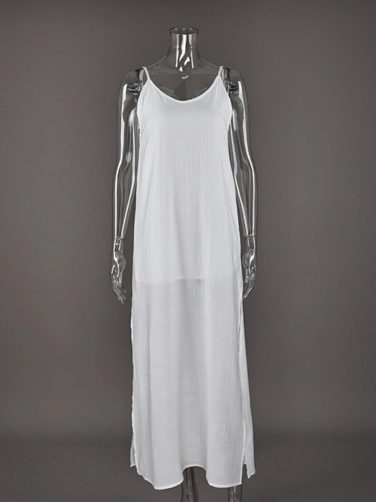 

Casual Loose White Long Dress Robe Spring Summe Newr V Neck Dresses for Women Spring Sleeveless Straight Robes Nightgown