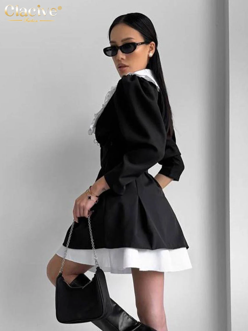 Clacive Fashion Black Patchwork Women\'s Dress Elegant Lapel Long Sleeve Office Lady Mini Dresses Casual High Waist Female Dress