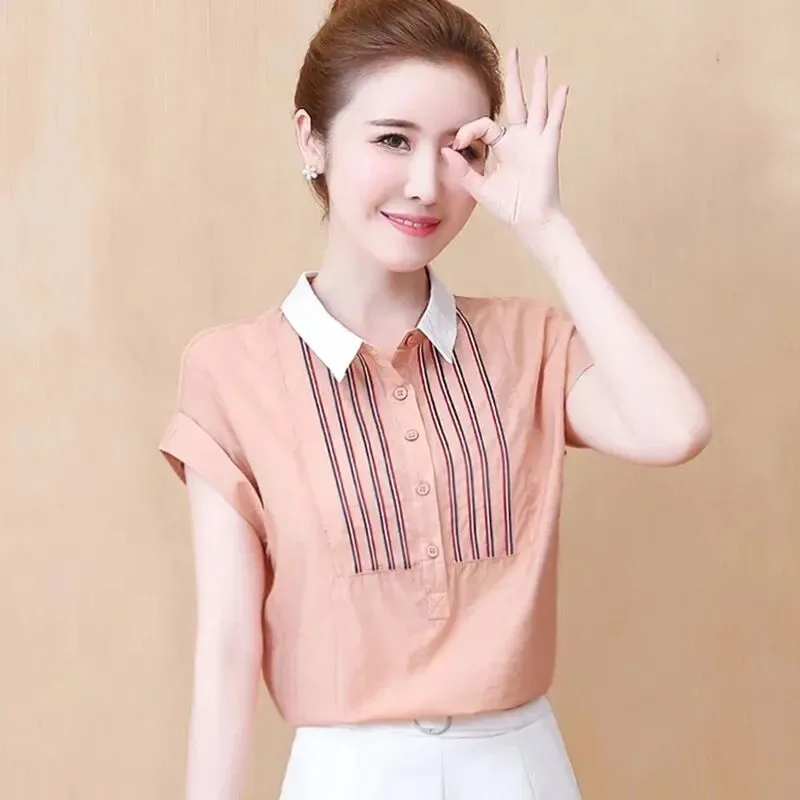

Women's Apricot Contrast Collar Striped Placket Short Sleeve Blouse Casual Button Down ShirtYY241