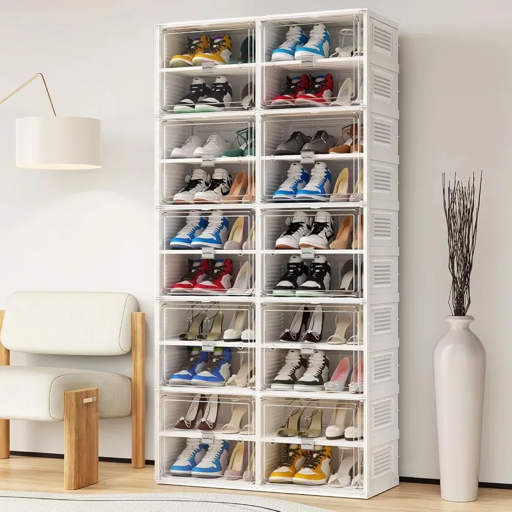 Heavy Duty Shoe Storage and Organizer,Hard Plastic Stackable Shoe Box, Cabinet storage for Entryway,Large Storage Bins