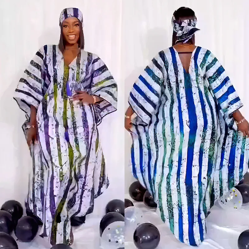 

Satin Stripes African Dresses for Women Loose Boubou Robe Tassel Ankara Dashiki Africa Clothing Kaftan Dubai Abaya Summer Dress