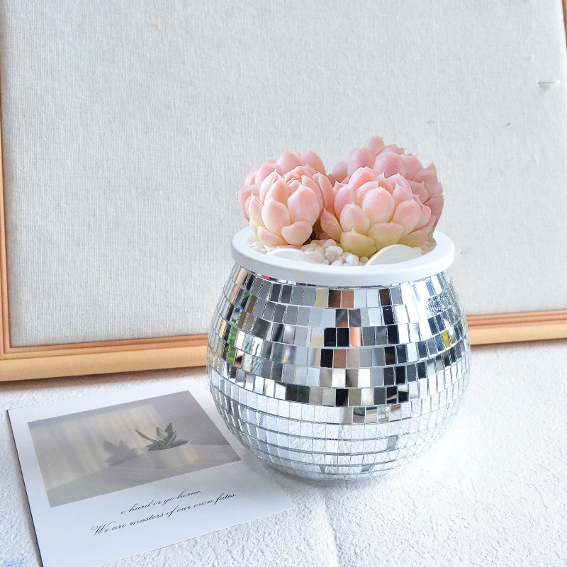 Unique Handcrafted Disco Flower Pot Reflective Glass Vase Living Room Ornament for Balcony,Bedroom Living Room , Garden Decor