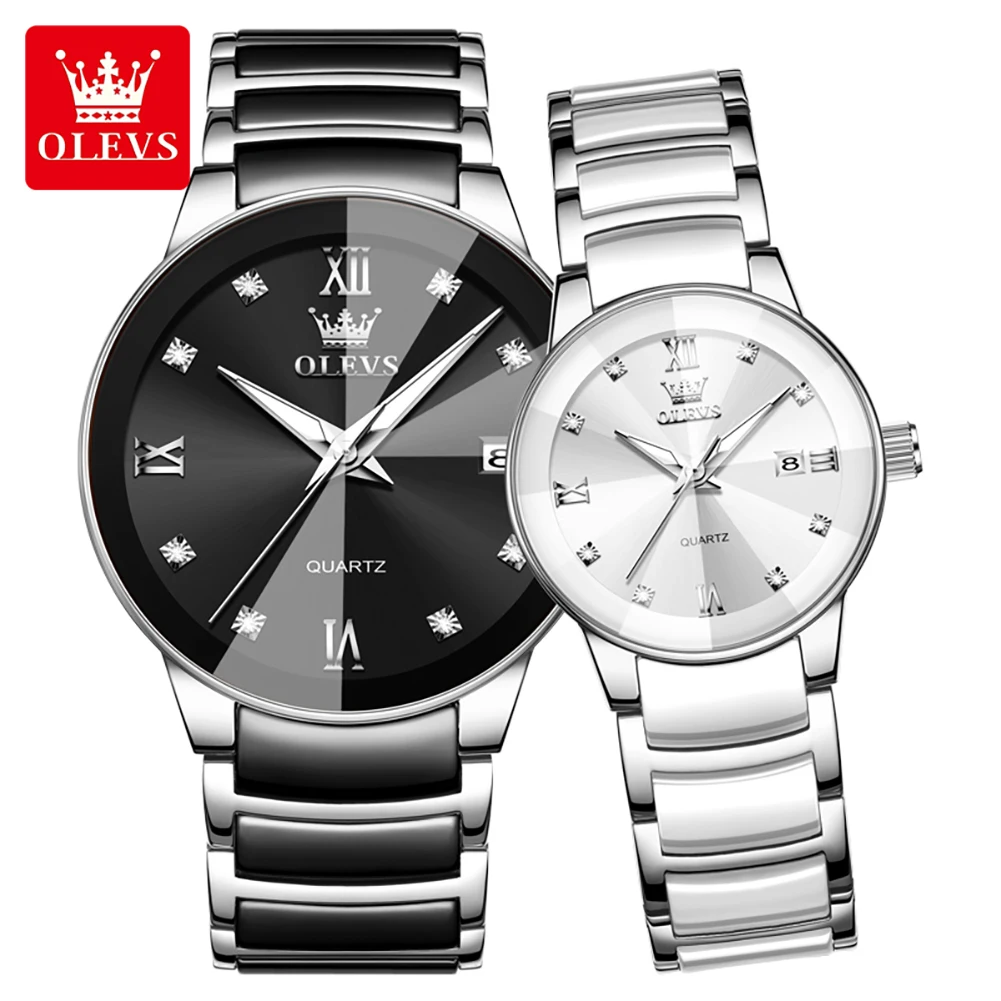 OLEVS Brand Original Couple Watches Fashion Classic Sports Ceramic Quartz Watches Waterproof Luminous Date Wristwatch For Couple