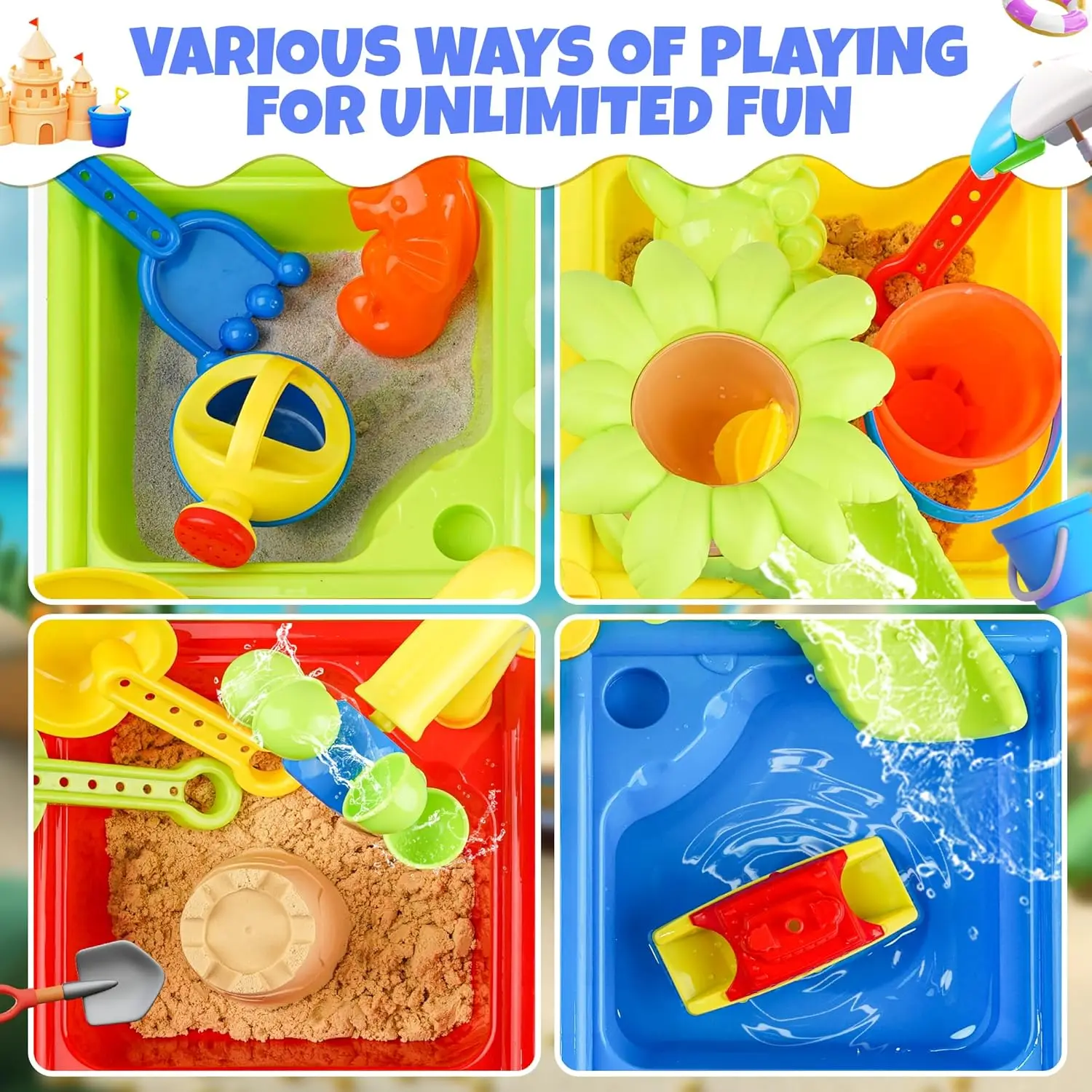 25 Buah Set Mainan Bermain Pasir Meja Pantai 4 In 1 Mainan Sensorik Aktivitas Luar Ruangan Air dan Pasir Anak-anak Mainan Halaman Belakang Kolam Pantai Musim Panas
