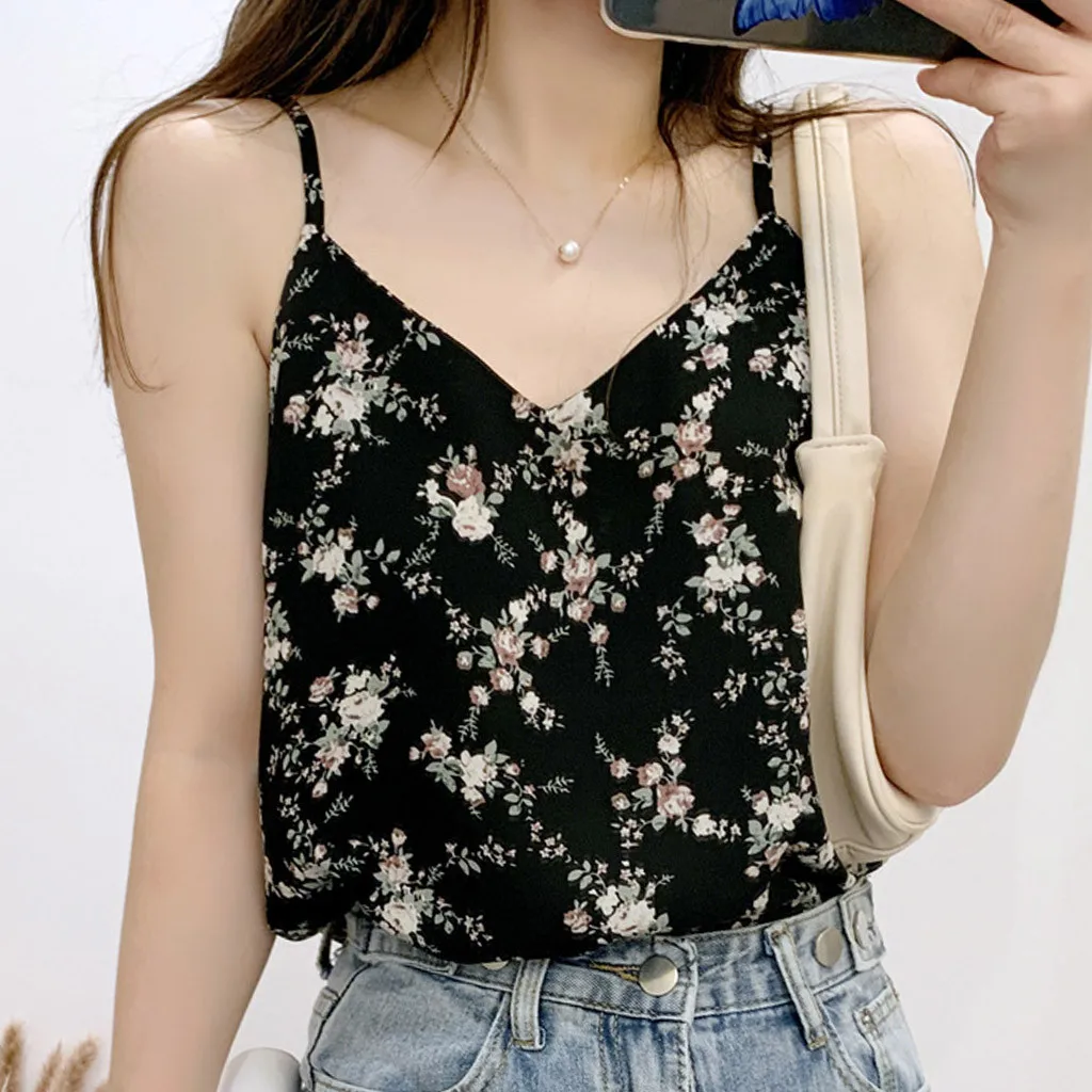 2024 Boho Floral Printed Chiffon Shirts Fashion Women V-neck Sleeveless Camis Vest Casual Loose Female Tanks Blouse Tops Blusas