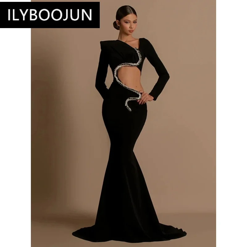 Robe de Rhélégante à manches longues pour femmes, robes de soirée sexy, diamant creux, noir, longueur de vadrouille formelle, marque