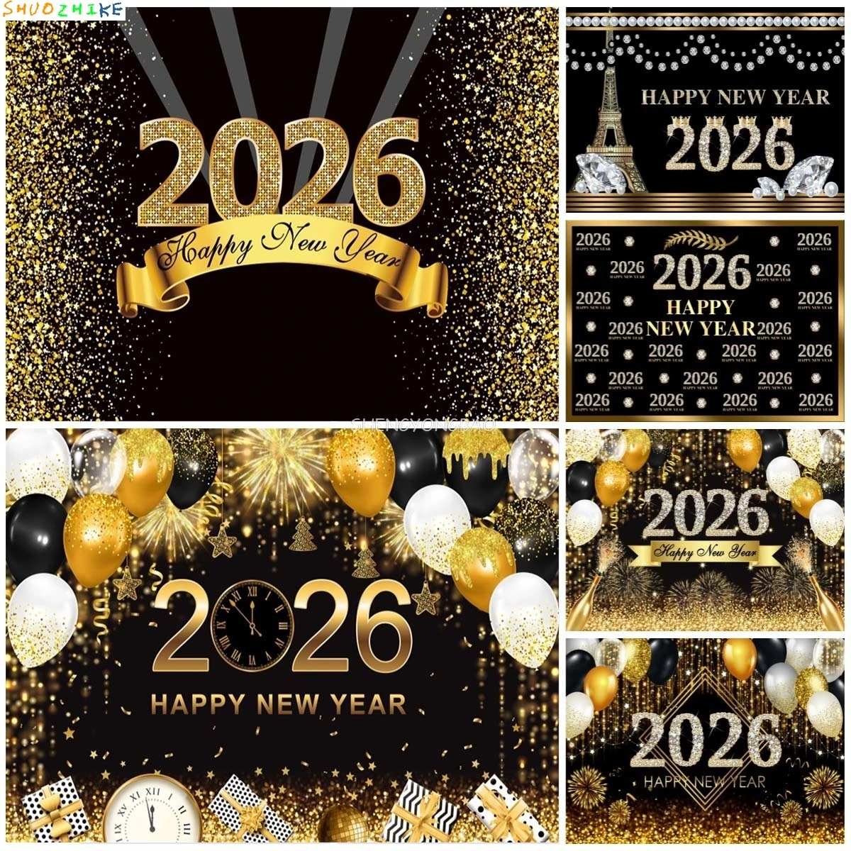 

New Year 2026 Backdrops for Photos Gold Glitter Balloons, Clock, Champagne, Happy New Year Party Decorations Background Banner