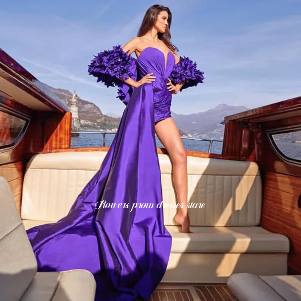 

Flowers Purple Evening Dress with 3D Flowers Party Dress Back Train Prom Dress for Arabic Women فساتين مناسبة رسمية Customized