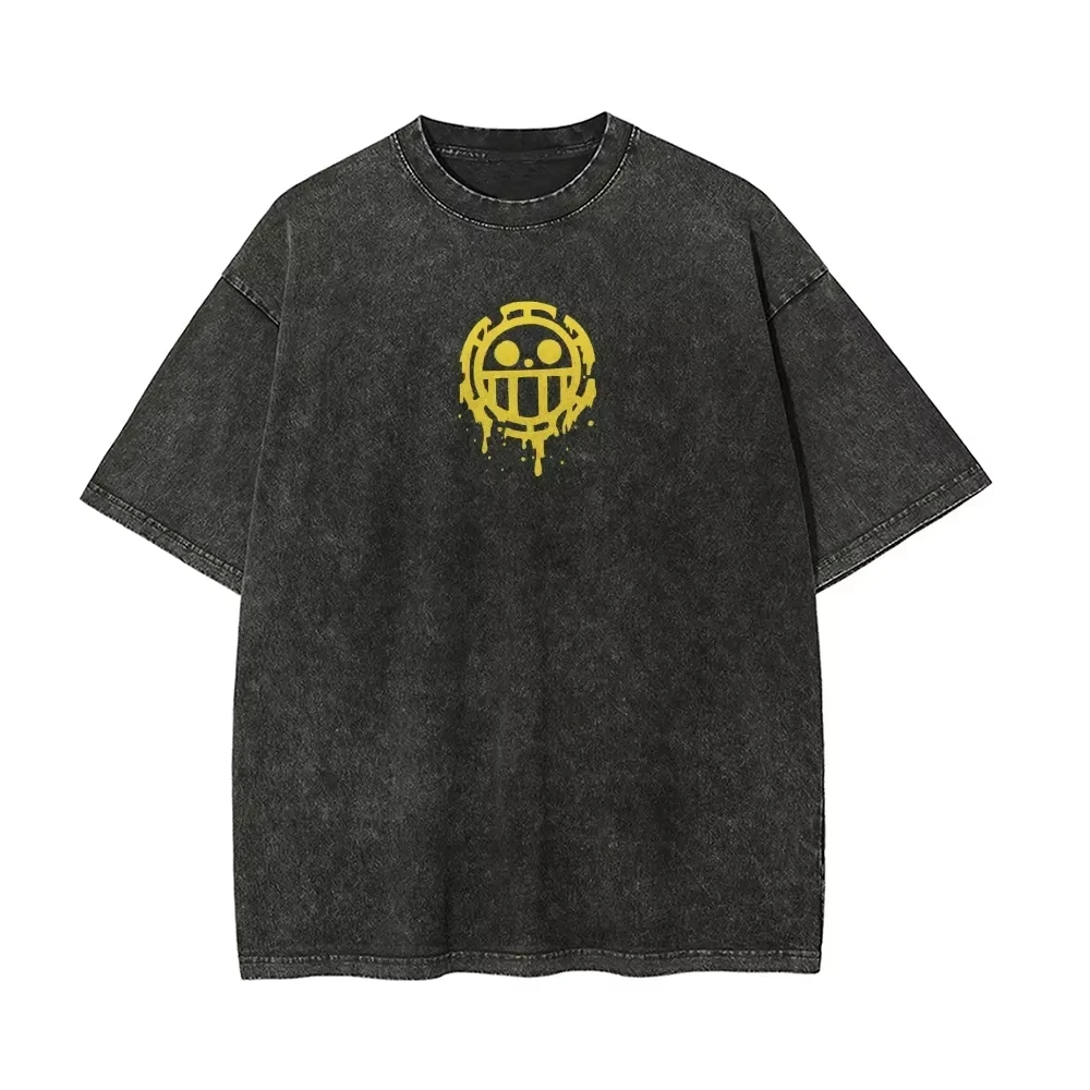 Trafalgar Law T Shirt One Piece Heart Pirates Vintage Acid Wash Streetwear Retro Anime Graphic Cotton Tees