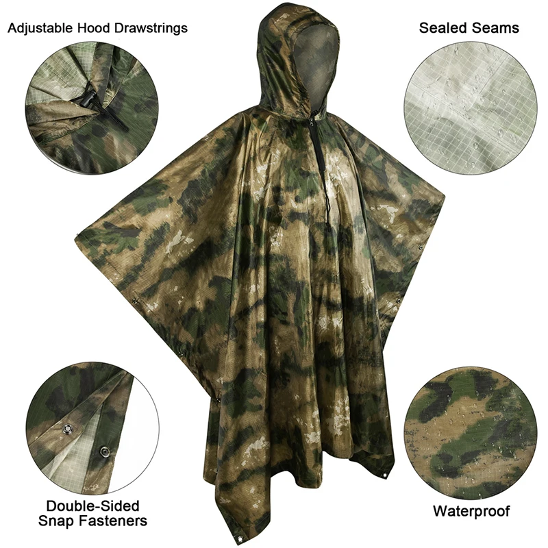 Outdoor Military Waterproof Raincoat for Men and Women, Rain Coat, Poncho, Picnic Mat, Motorcycle, Awning, 3 in 1