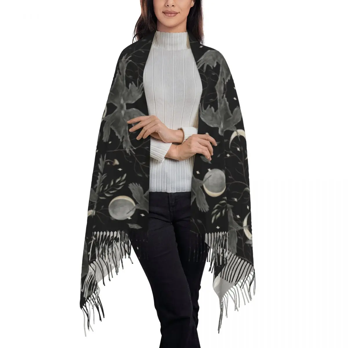 Custom Crow Moon Tassel Scarf Women Soft Halloween Spooky Witch Shawls Wraps Female Winter Fall Scarves