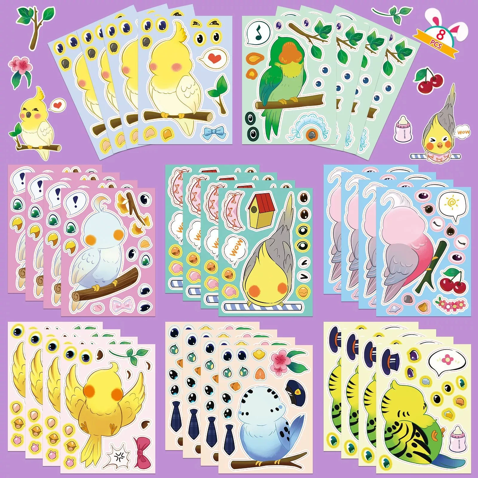 

8/16/24PCS Cartoon Parrot Face Swap Stickers Make a Face DIY Decals for Stationery Notebook Bird Lover Party Favor Gift