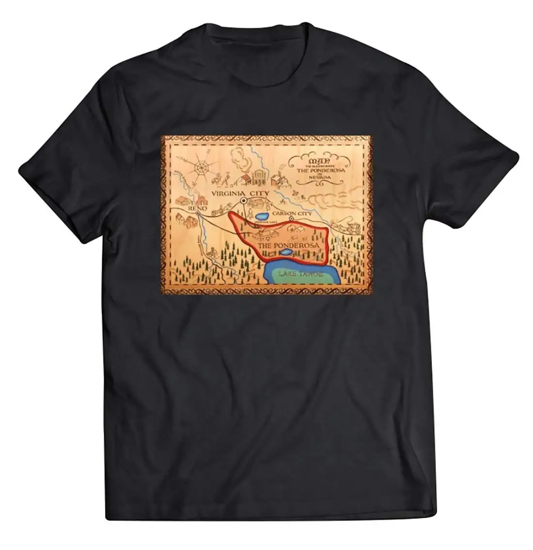 Men's Ponderosa Map Bonanza Classic T Shirt X-LargeSummer luxury brand retro Oversize