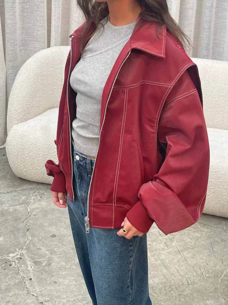 Vintage Women's Faux Leather Jacket Stitching Lapel Collar Long Sleeve Zipper Bomber Coat Autumn Casual High Street Lady Outwear