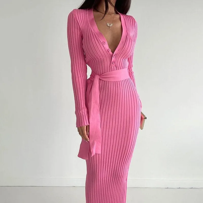 Knitted Pit Stripe Women Prom Dress Sexy Buttons Full Sleeves Autumn Belt Evening Party Gown Hot Giirl Daily Sheath Street Wear