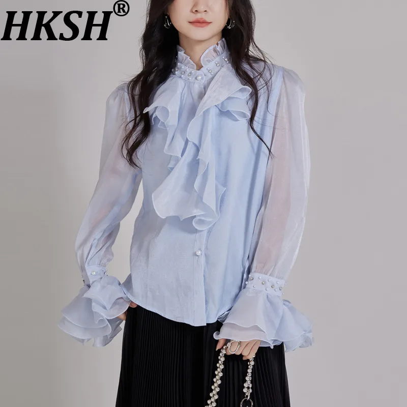 

HKSH Spring Autumn New Women Shirt Ruffled Beaded Studdede Diamonds Flared Sleeves Elegant Sweet Blouse High-end Ins Top HK17430