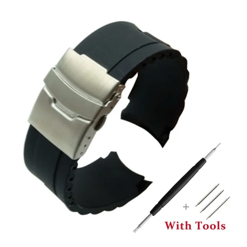 

16mm 18mm 20mm 22mm 24mm Curved End Silicone Watch Strap Black Rubber Waterproof Watch Band Universal Watch Bracelet with Tool