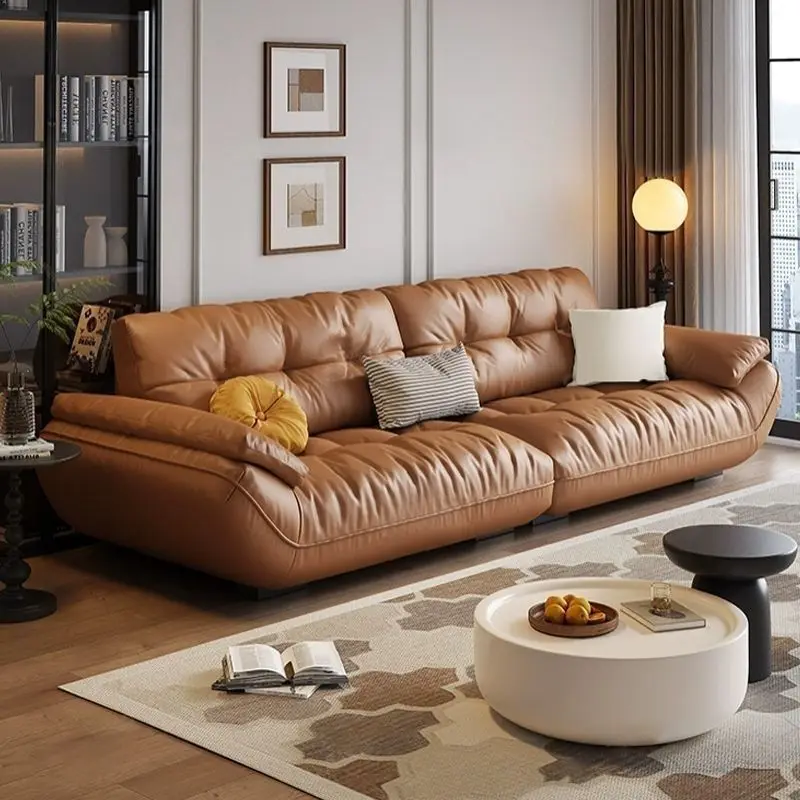 

Leather sofa modern living room simple first layer cowhide Italian minimalist straight row small apartment light luxury cloud