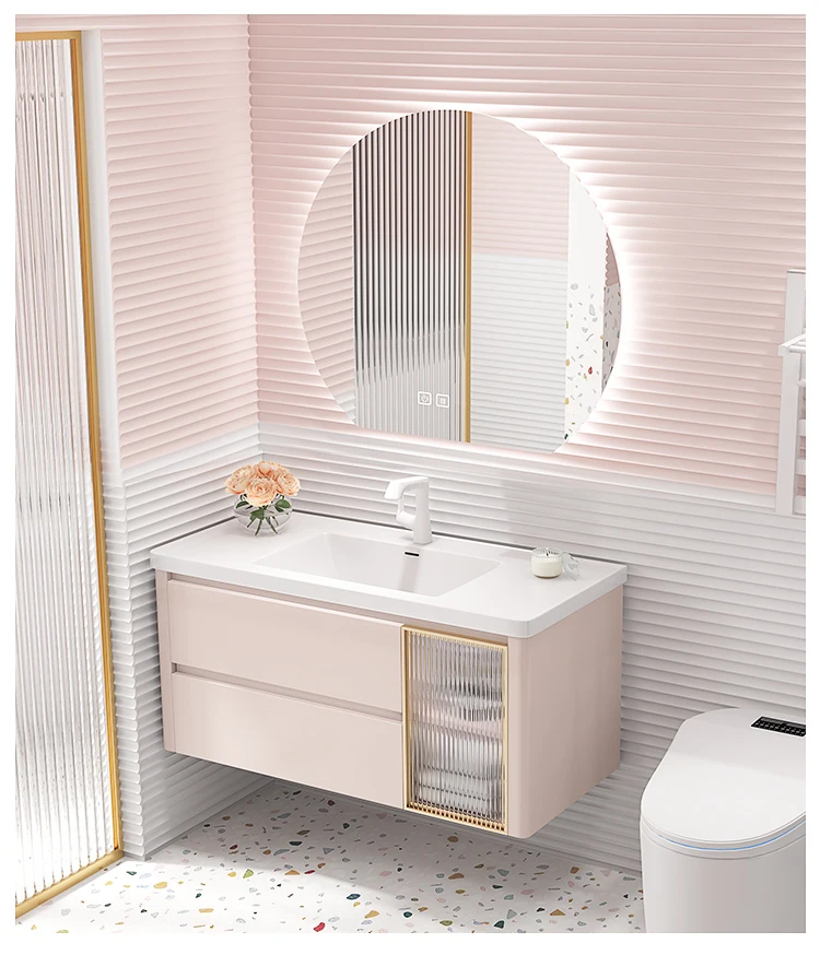 

Nordic Pink Modern Simple Wall Hanging Bathroom Cabinet Solid Wood with Smart Mirror Bathroom Vanity Sets