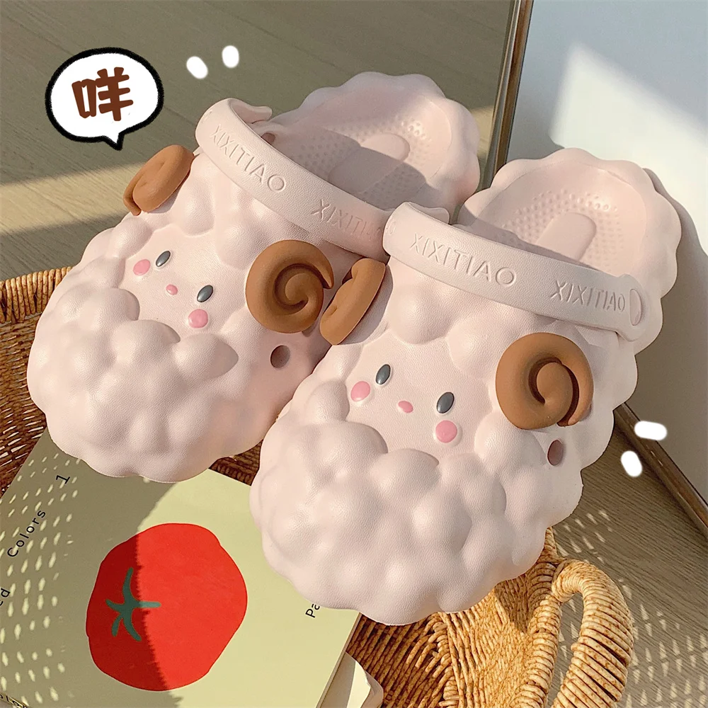 Cute 3D Sheep Slippers For Female Summer Hole Sandal Garden Shoes Outdoor Children Parents Sandals Home Slipper