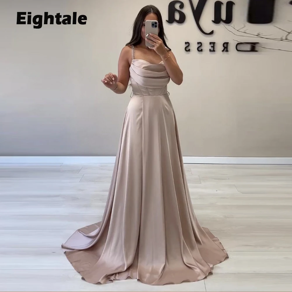 

Eightale Champagne Prom Dresses for Wedding Satin Arabic Evening Gown Spaghetti Strap A-Line Party Dress robes de soirée