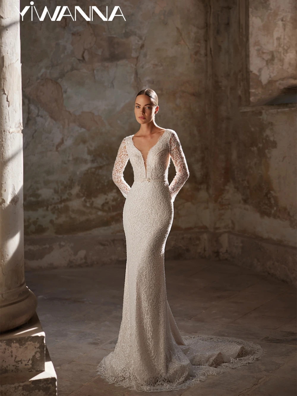 

Exquisite Beaded Lace Mermaid Long Wedding Dress Illusion Deep V-neck Backless Bridal Gown New Customized Dresses For Bride
