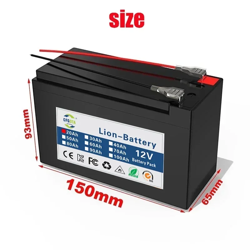 Batería de iones de litio mejorada, 12v, 20Ah, 18650, paquete de batería de litio para vehículo eléctrico, 9V- 12V, 25000mAh, BMS incorporado, 80A, alta corriente