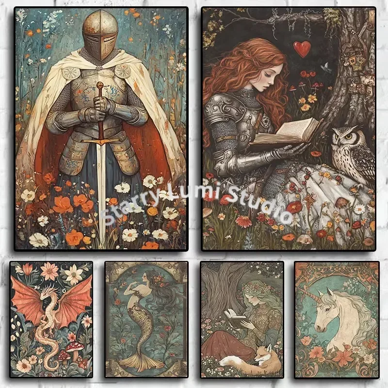 Diamond Painting Fantasy Gothic Whimsical Dragon Medieval Knight in Forest Diamond Mosaic Handmade Art Exquisite Gift Home Decor