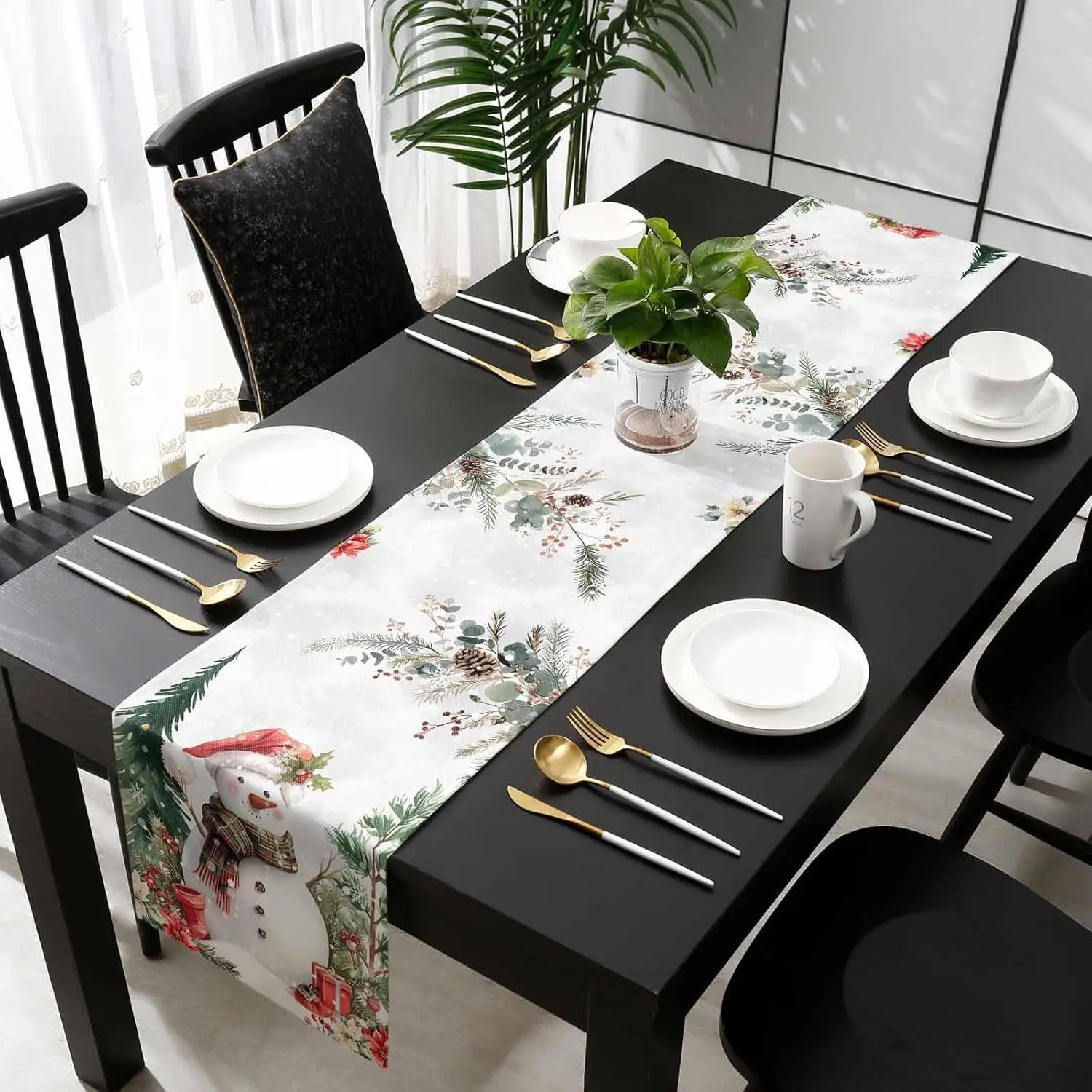 Christmas Tree Snowman Linen Table Runner Xmas Party Decor Winter Snowflakes Holiday Kitchen Table Runners Christmas Decorations