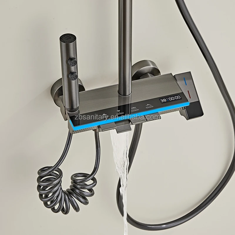 

Luxury Hotel Shower Set Rain Rainfall Bathroom Shower System Grey Thermostatic Mixer Faucet