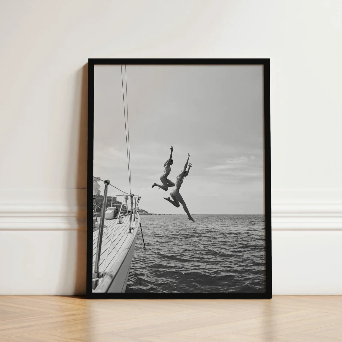 Black and White Boat Jump Print, Coastal Photography, Digital Download