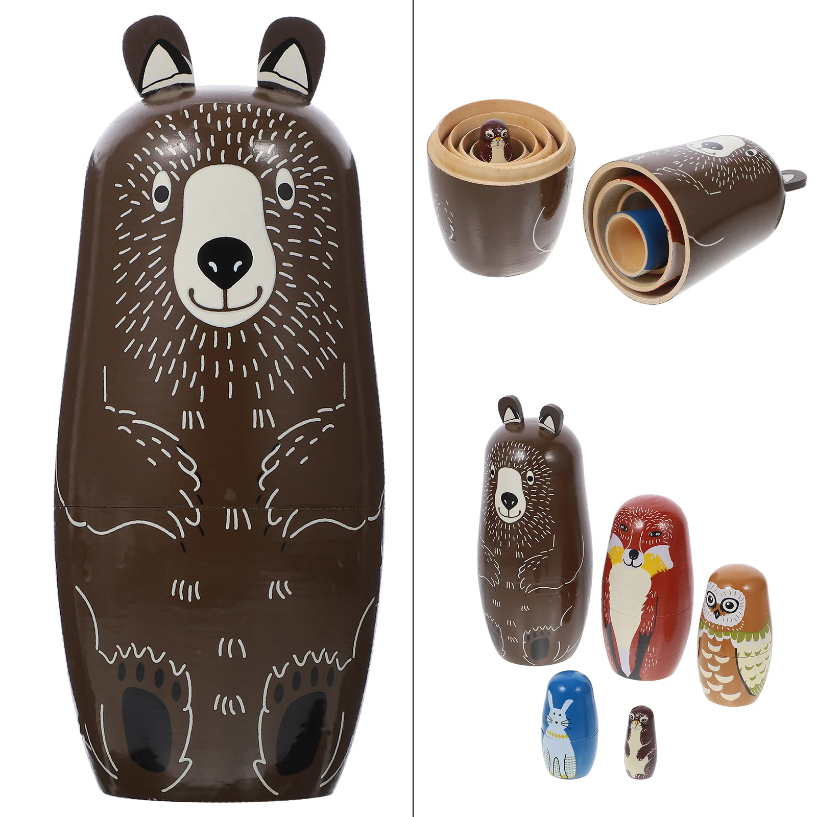 

5 Pcs Brown Bear Dolls Lovely Nseting Matryoshka Stacking Russian Nesting Wooden