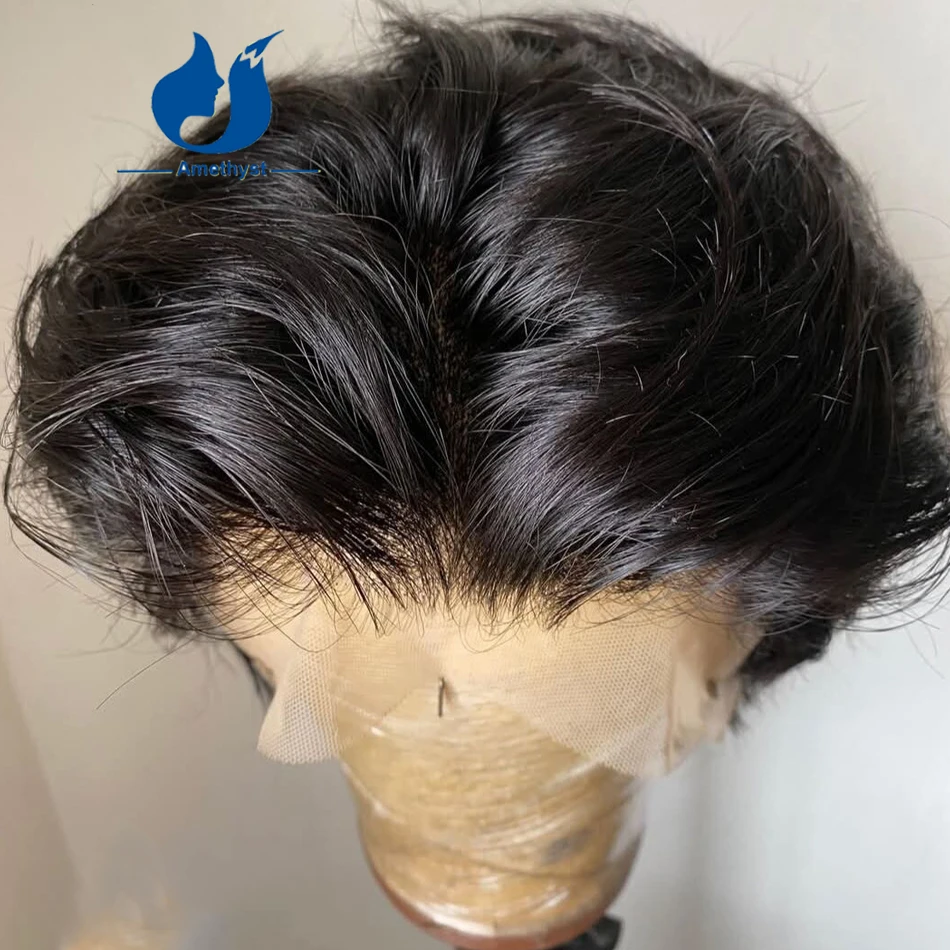 Amethyst Wavy Natural Black Short Pixie Cut 13x6 Lace Front Human Hair Wig for Men Middle Part Pre Plucked Brazilian Remy Hair