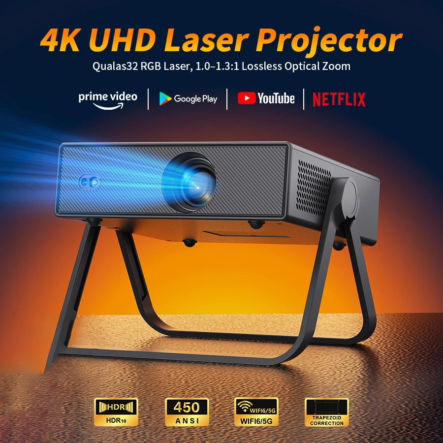 Portable Smart LED Video Projector Native 720P Support 4K HD,WIFI6+5G Bluetooth5.2 Auto Focus,Zoom 360° Rotate Bedroom Outdoor Cinema Projector