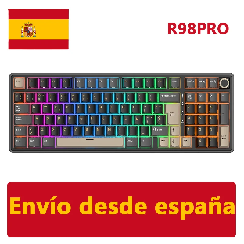 RK ROYAL KLUDGE R98Pro Bedraad Spaans mechanisch toetsenbord 98 toetsen PBT Keycaps Gasket RGB Metalen knop Gamer-toetsenbord Hot-swappable