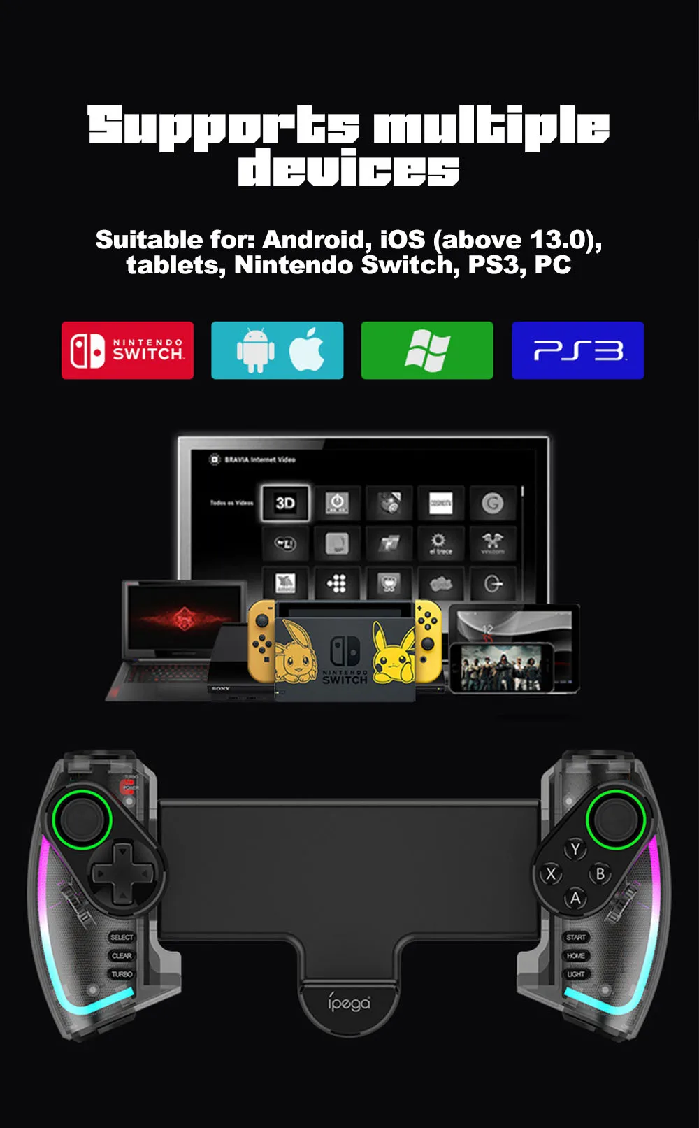 Imagem -06 - Gamepad Stretchable Controlador de Jogo Bluetooth para Switch Ios Android pc Vibração Ajustável Luz Turbo Joystick Ipega-pg-9777