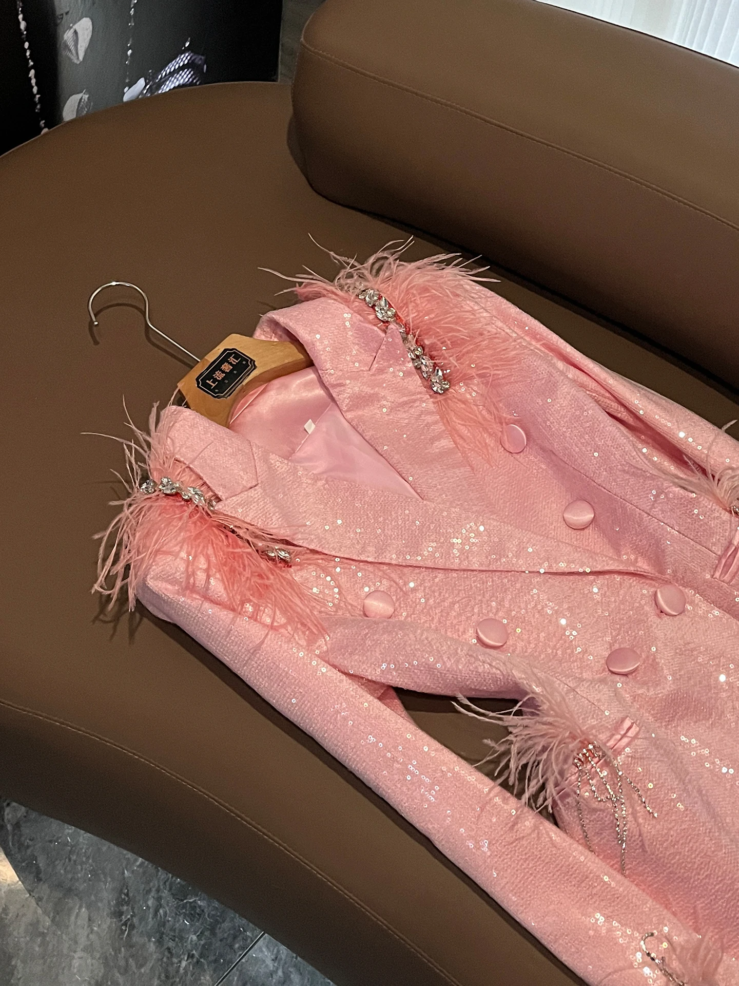 Pink Sequin Suit Jacket Women's Commuter Style Long Sleeve Double Button Feather Decoration Slim Fit Summer Fashion Outerwear