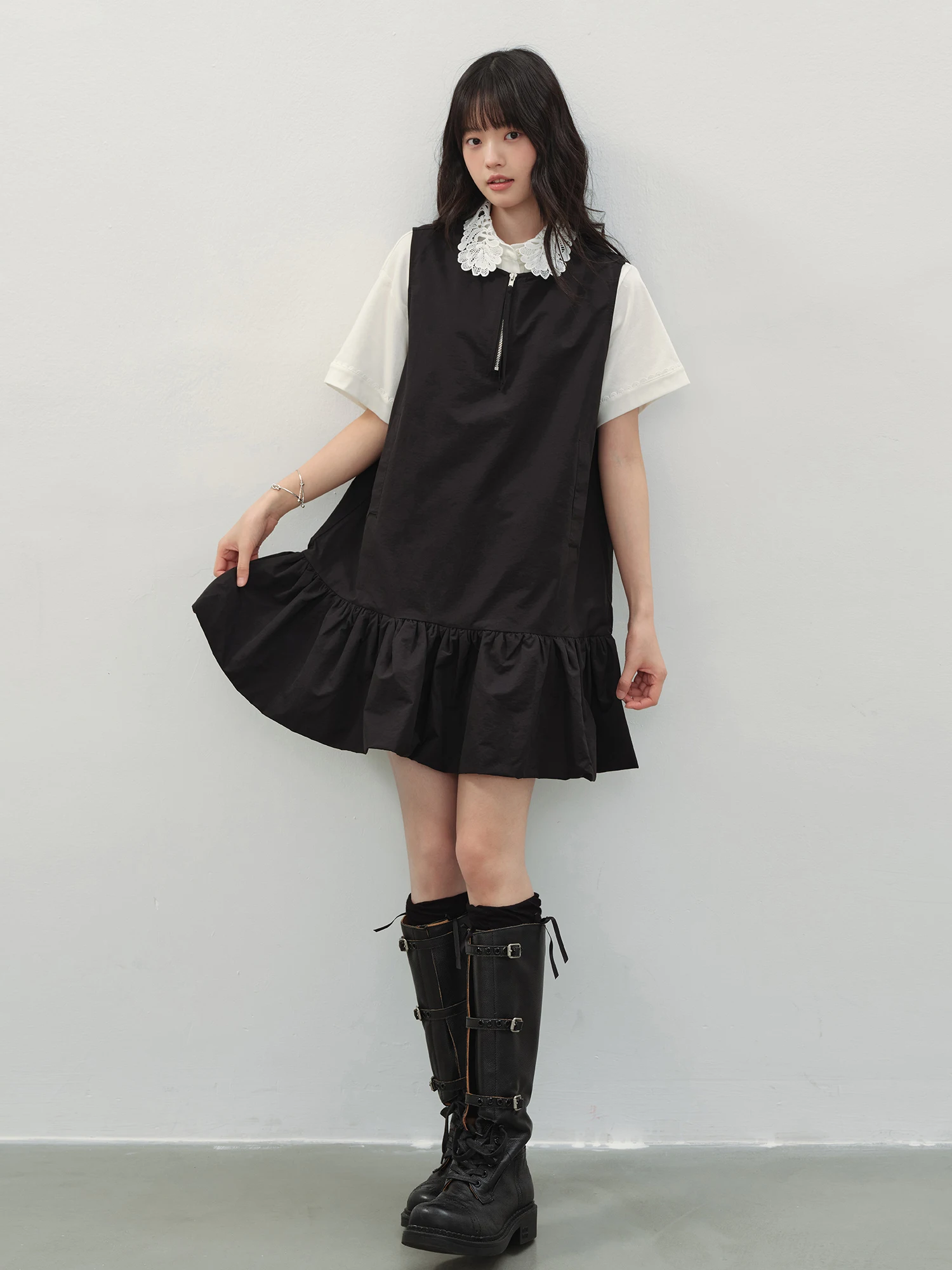 

Ddgirl Dark Alley Girl Design Sense Black Zipper Hem A-Line Sleeveless Dress Casual Loose Waist Soft Cotton Nylon Fabric