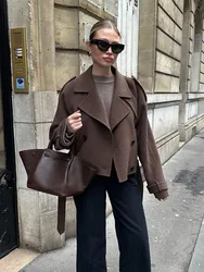 Brown Double Breasted Woolen Lapel Jacket Women Pocket Belt Long Sleeveshort Coat 2024 New Fashion Street Commute Outwear