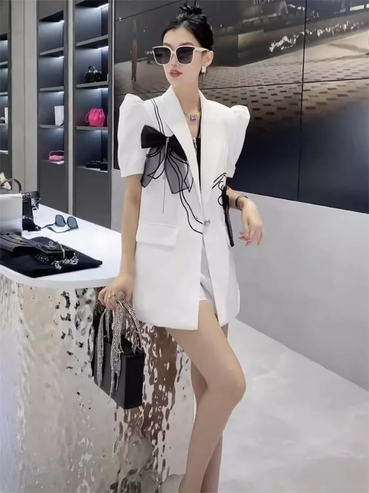 European Goods Explosion Fashion Short-sleeved Suits Female 2024 Summer New Goddess Fan Puff Sleeve Bow Slim Blazer Top